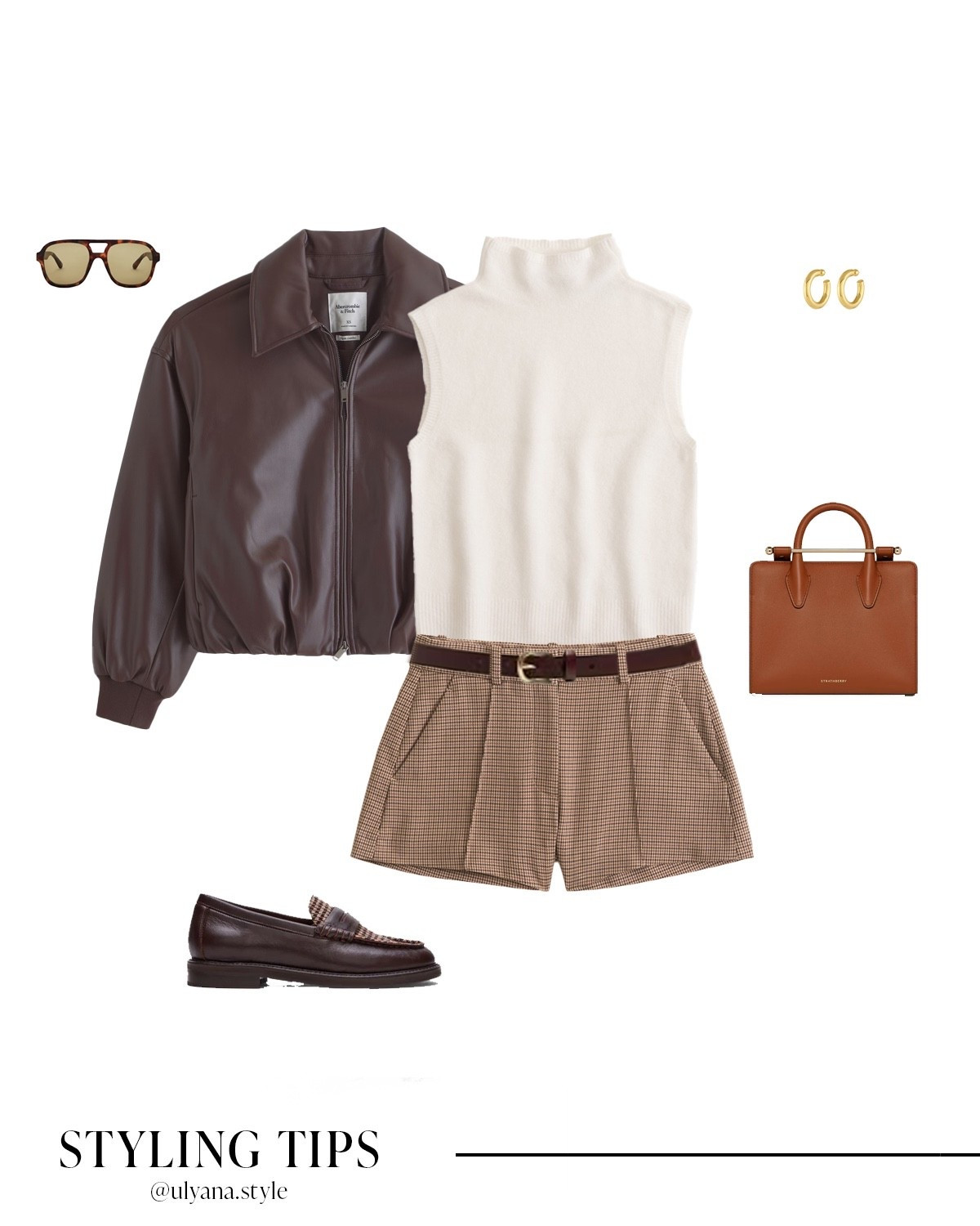 🍂 Fall neutrals done right 🤎 This outfit features a brown bomber jacket layered over a cozy mock neck sweater, plaid brown shorts cinched with a sleek belt, classic loafers, a structured tote bag, hoop earrings, and chic sunglasses.

It’s the ultimate fall outfit idea for a city stroll, coffee date, brunch with friends, or even a casual office look. The belt pulls the whole outfit together for an elevated, tailored look. 

If you’re searching for bomber jacket outfit inspiration, how to style plaid shorts in fall, or neutral fall outfit ideas, this look is the perfect go to.
.
.
.
.
.


Fall outfits | fall shoes | fall jacket | leather jacket brown | brown jacket | cropped jacket | bomber jacket outfit | shorts outfit | dressy shorts | micro shorts | tailored shorts | brown loafers | chunky loafers | fall tops | cute tops | sleeveless sweater | sleeveless turtleneck | fa bags | brown bag | handbags | leather bag | brown belt | apple picking outfit | pumpkin patch outfit | 

#LTKSeasonal #LTKU #LTKSaleAlert #LTKPetite #LTKFindsUnder50 #LTKFindsUnder100 #LTKStyleTip #LTKWorkwear #LTKTravel #LTKShoeCrush #LTKItBag