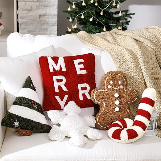 Geelin 5 Pcs Christmas Throw Pillows Gingerbread Christmas Tree Pillows Snowflake Candy Canes Sha... | Amazon (US)