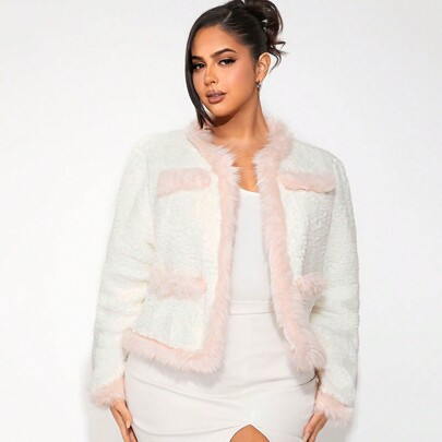 Plus Size Women's Cute & Elegant Pink Furry Trim White Short Warm Faux Fur Jacket For Autumn/Winter | SHEIN