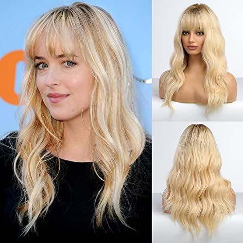 HAIRCUBE Long Wave Blonde Wigs With Bangs,Ombre Blonde Curly Wigs for Women Heat Resistant Synthetic | Amazon (US)