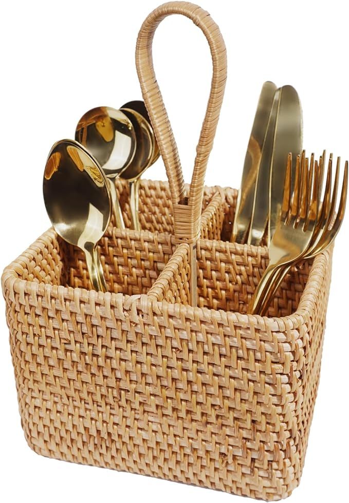 Natural Water Hyacinth Utensil Caddy with Built-in Handles，Wicker Silverware Caddy with 4 Compa... | Amazon (US)