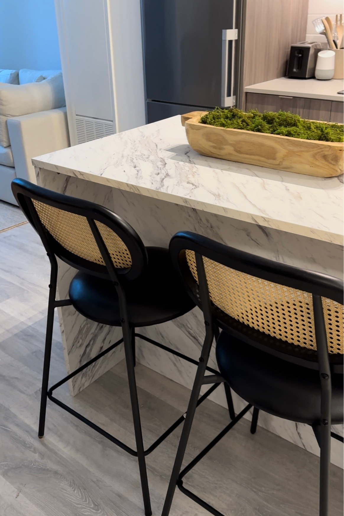 Our black leather seat, cane back rest 24” counter stools perfect for island seating. — Wayfair home, Wayfair finds, contemporary furniture, black counter stool, bar stool, rattan, leather 

#LTKFind #LTKhome