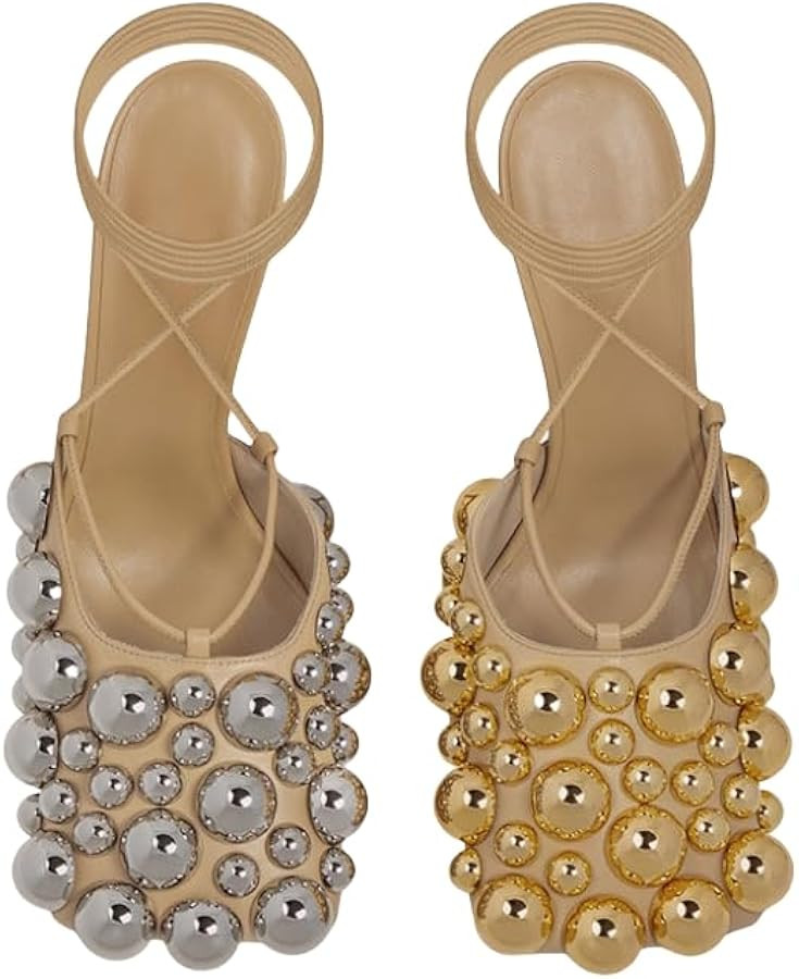 Saint Leia Women's 4IN High Heel Sandals Nude Stiletto Pumps with Gold Silver Pearls Heels for We... | Amazon (US)