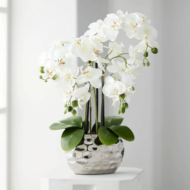 Dahlia Studios Potted Faux Artificial Flowers Realistic White Phalaenopsis Orchid in Silver Pot H... | Walmart (US)