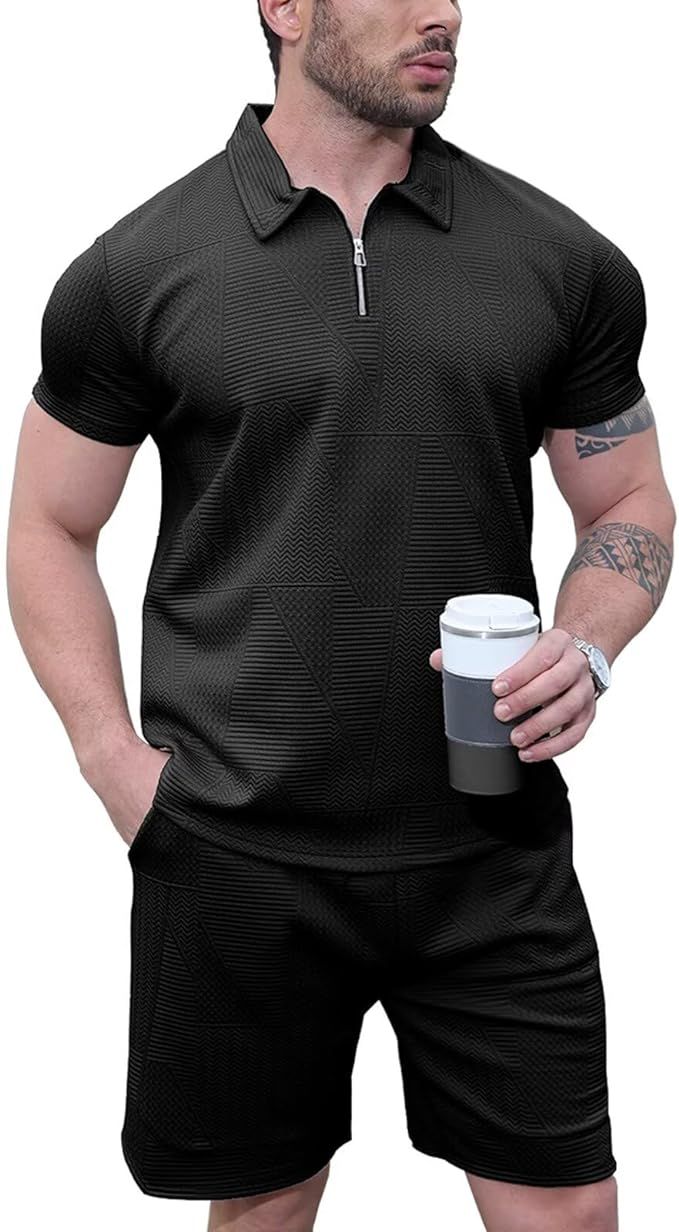 GYMELITE Men's 2 Piece Short Sets Outfits Summer Polo Shirts and Shorts Casual Zip Short Sleeve F... | Amazon (US)