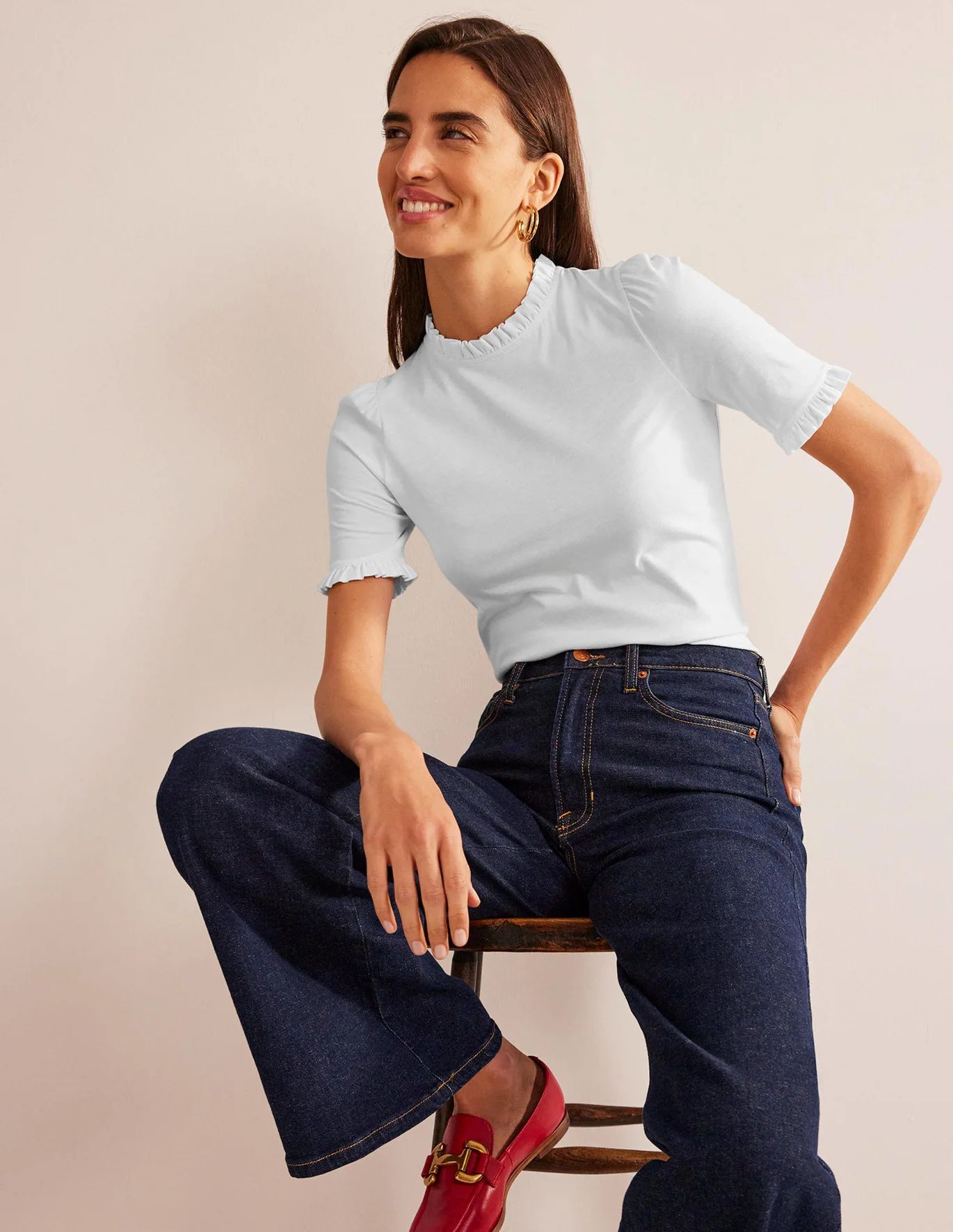 Supersoft Frill Detail T-shirt - White | Boden (US)