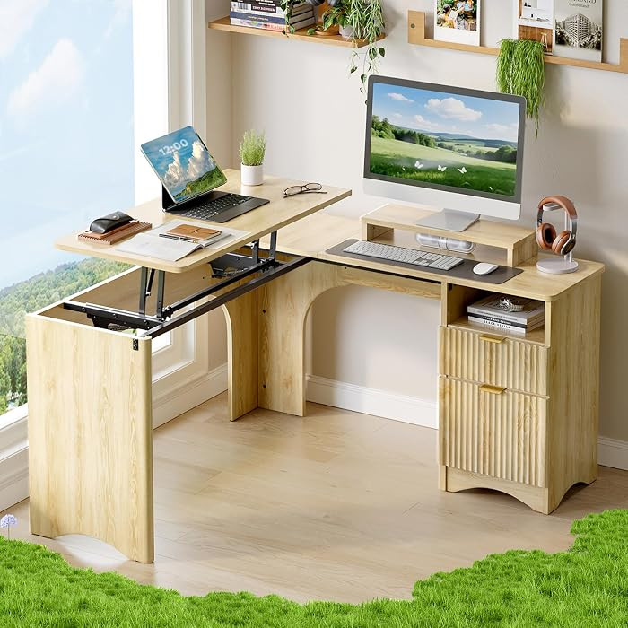 Bestier L Shaped Desk with Lift Desktop, 55 inch Corner Desk with Fluted Panel Deisgn Drawers, Mo... | Amazon (US)