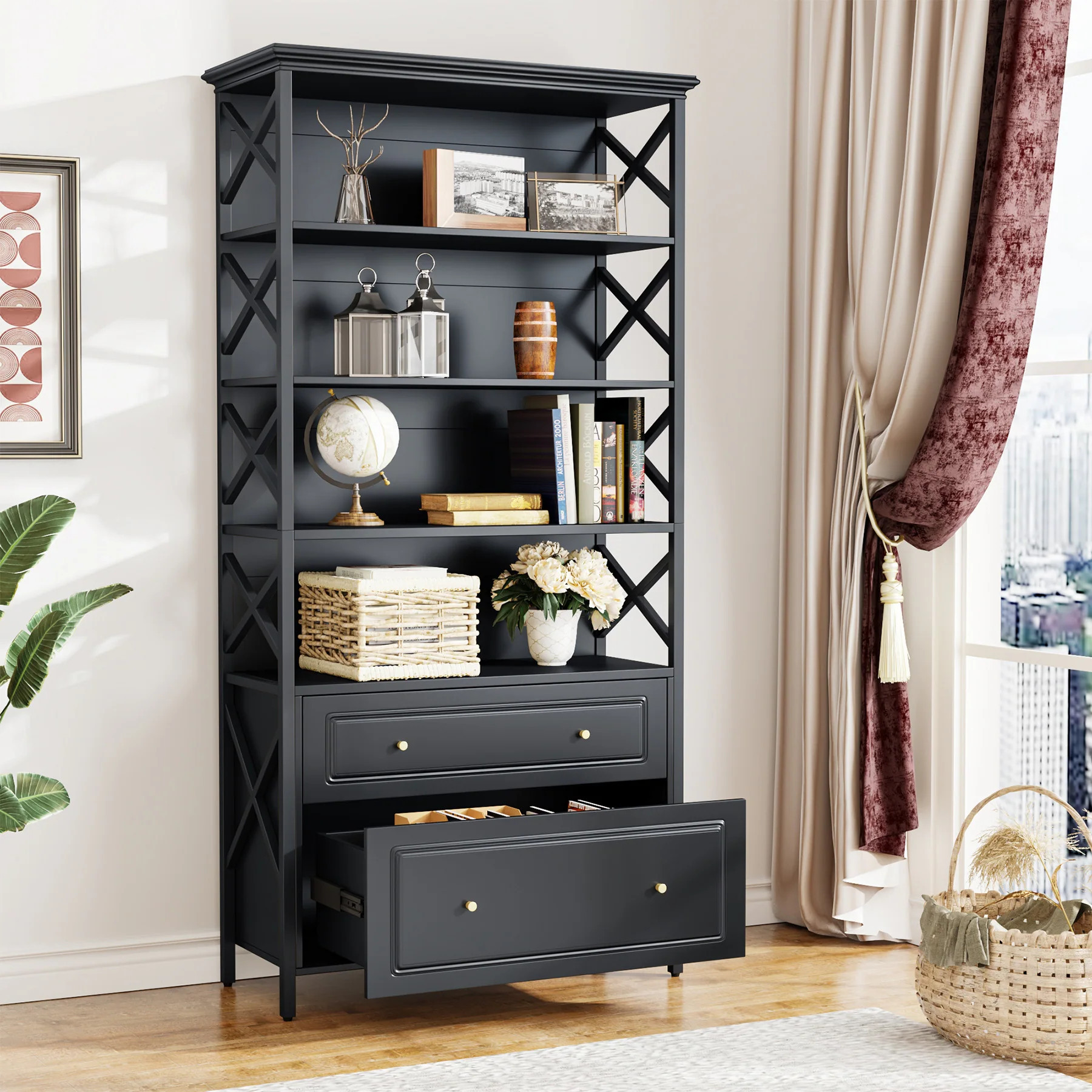 Tall Narrow Bookshelf with 2 Drawers 5 Tier Bookcase Book Shelf Organizer with Open Storage Shelves for Living Room Bedroom | Bed Bath & Beyond