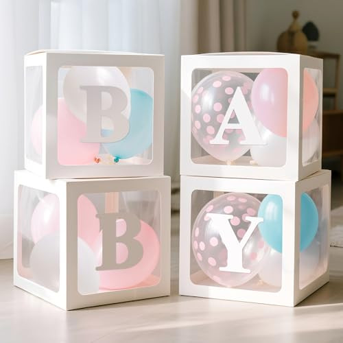 Ledido Baby Boxes with Letters for Baby Shower Decorations with 38 Balloons, 4 pcs Clear Baby Balloon Boxes Blocks for Baby Shower Decor Boy Girl Gender Reveal Decorations Backdrop Party (White) | Amazon (US)