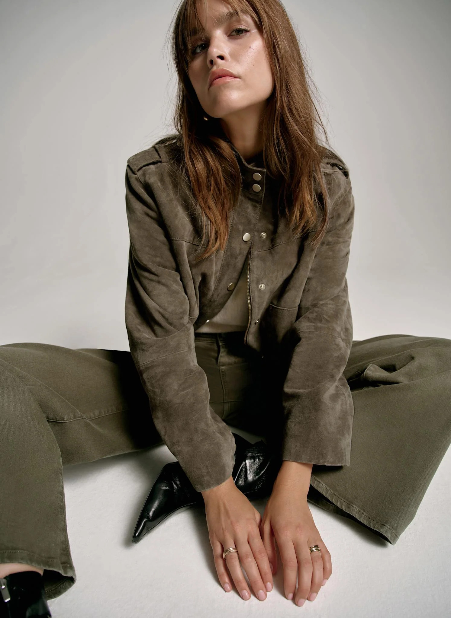 Khaki Suede Bomber Jacket | Mint Velvet