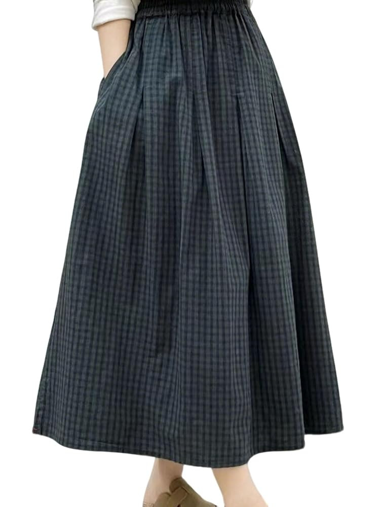 utcoco Women's Gingham Midi Skirt Elastic High Waist A-Line Flared Long Skirt for Casual Daily & ... | Amazon (US)