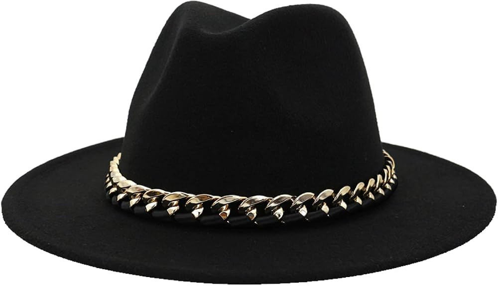 ASO-SLING Women Men Retro Wide Brim Fedora Hat Autumn Winter Woolen Hat with Metal Chain Solid Color | Amazon (US)
