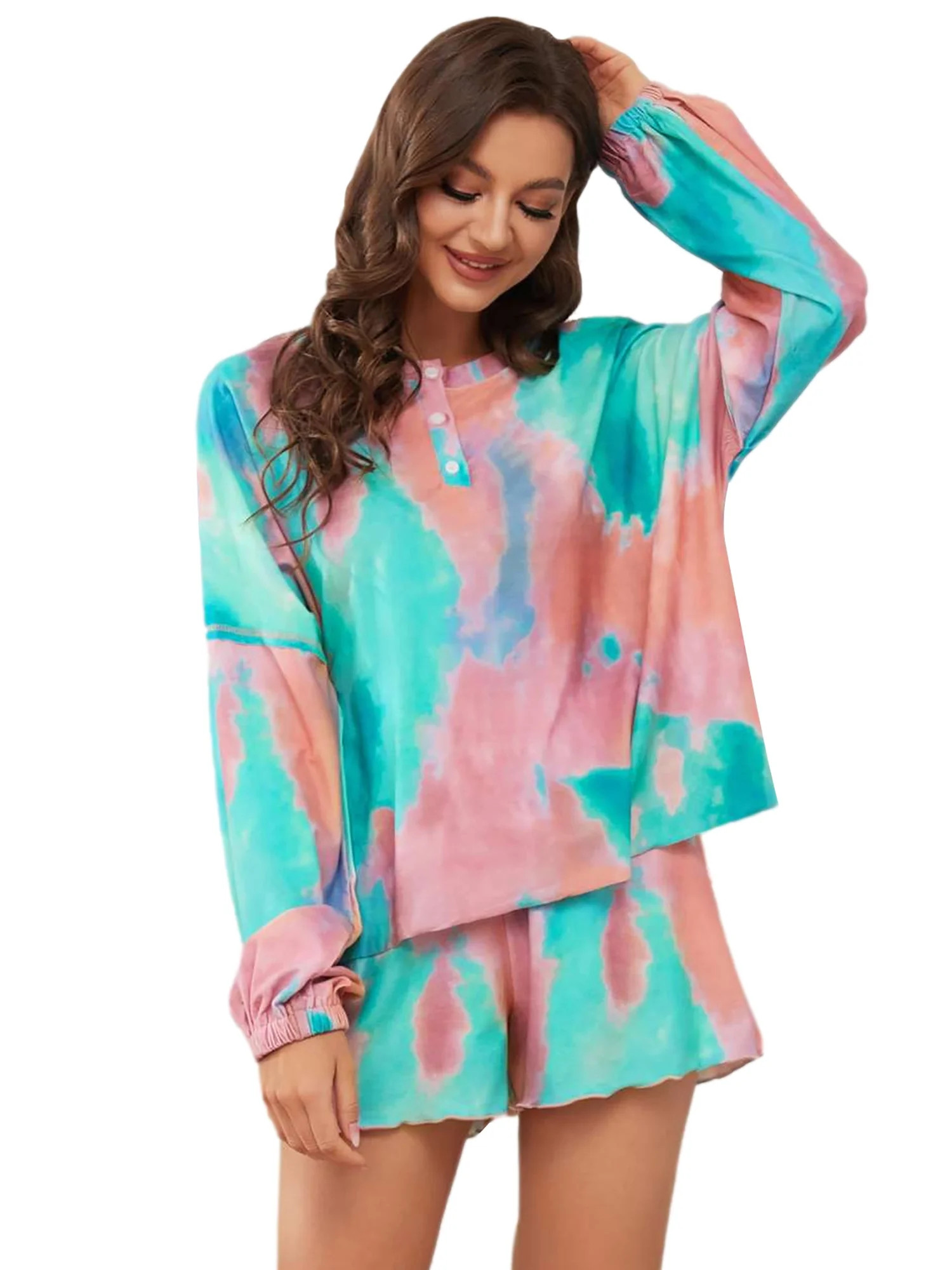 Ever-Pretty Women's Tie Dye Printed Button Down Long Sleeve 2 Piece Short Activewear Lounge Set N... | Walmart (US)