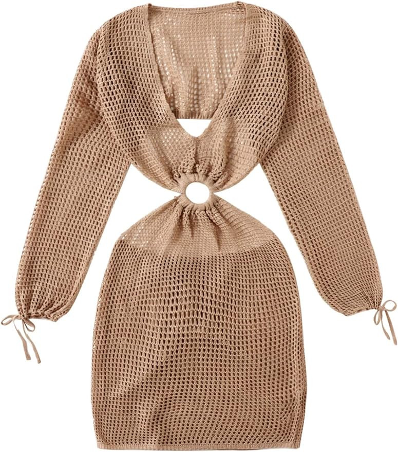 MakeMeChic Women's Crochet Cover Up Long Sleeve Knitted Swim Beach Cover Up Dress Swimwear | Amazon (US)