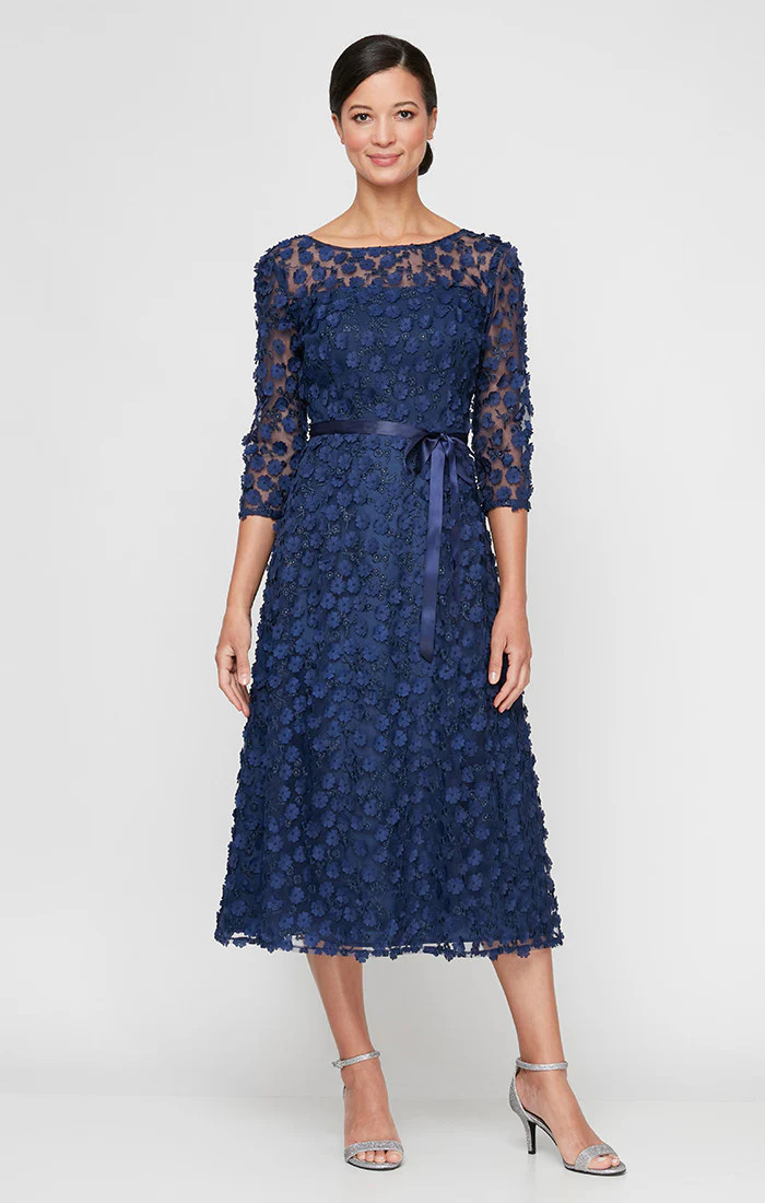 3-D Flower Party Dress with Illusion Neckline and Sleeves | Alex Evenings