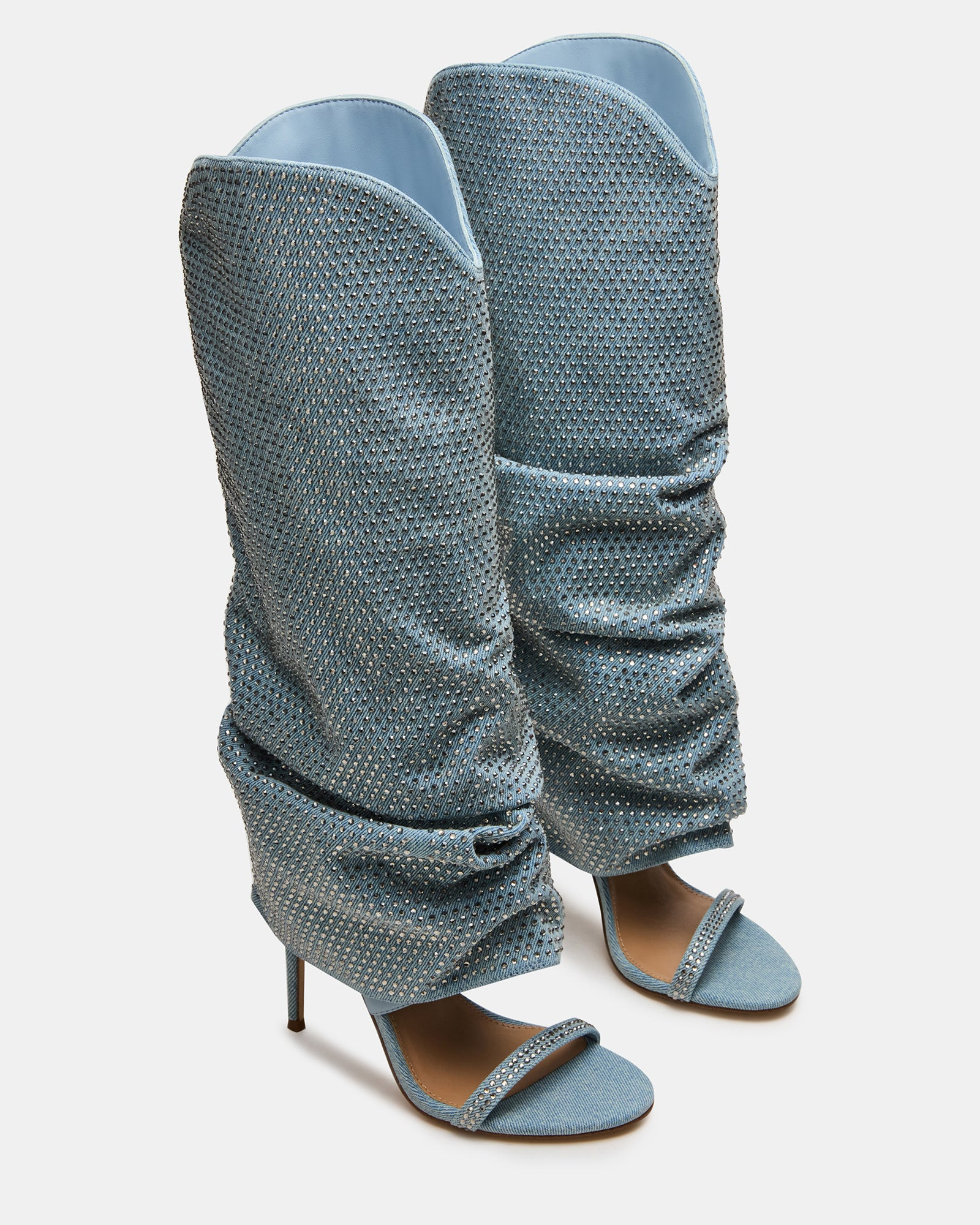 RAVINE Denim Rhinestones Knee-High Cuffed Stiletto Heel Women's Boot | Steve Madden (US)