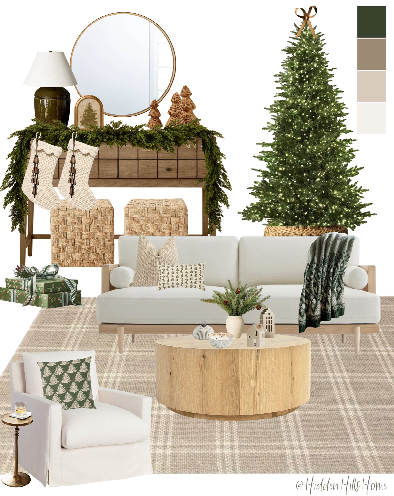Christmas living room mood board! Holiday home decor, Christmas tree, Christmas decor ideas, garland, stockings #Christmas 

#LTKHome #LTKSaleAlert #LTKHoliday
