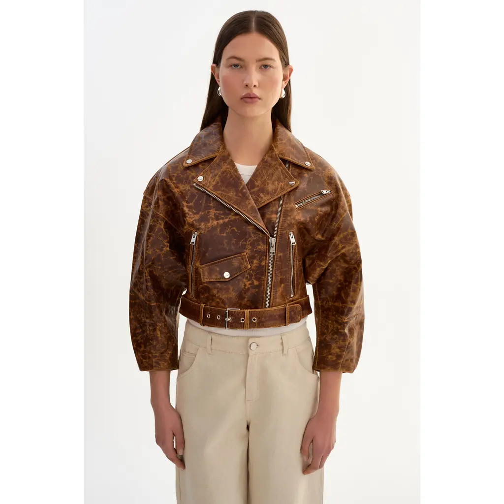 LAMARQUE Vinnie | Leather Cropped Biker Jacket in Brown at Nordstrom, Size Large | Nordstrom