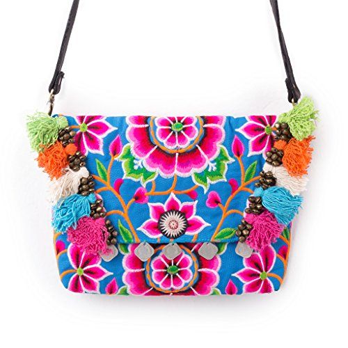 Changnoi Unique Women's Embroidered Crossbody Bag, Removeable Leather Strap, Colorful Pom Pom | Amazon (US)