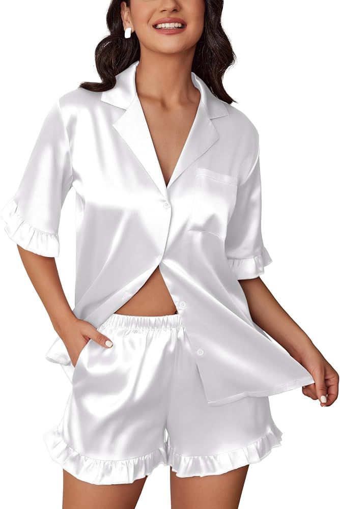 Ekouaer Women's Silk Satin Pajamas Sets Button Down Ruffled Pj Set Sleepwear S-XXL | Amazon (US)
