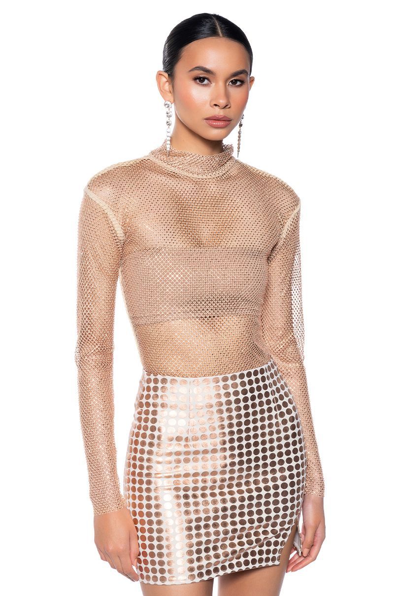 VEGA RHINESTONE MESH LONG SLEEVE TOP IN BEIGE | AKIRA