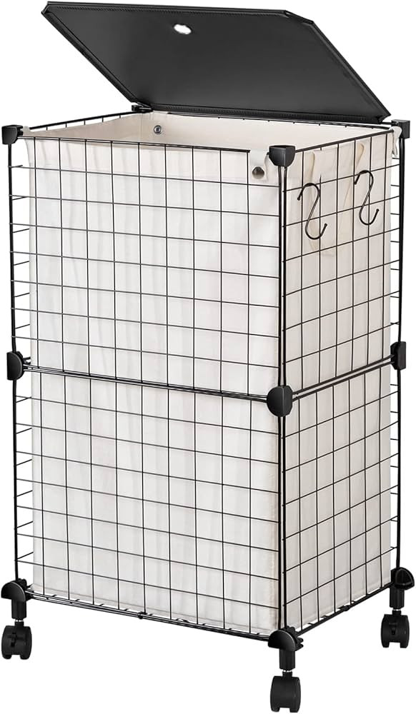 WOWLIVE Iron Wire Laundry Hamper with Lid, Foldable Laundry Basket with Wheels and Removable bags... | Amazon (US)
