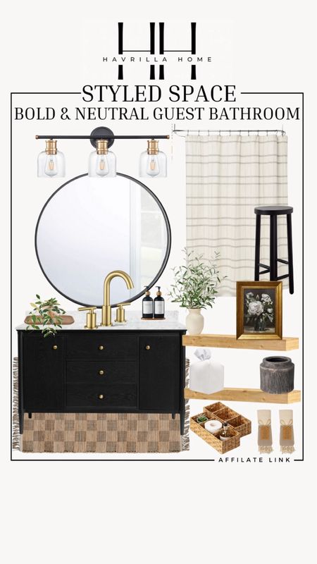Guest bathroom, styled space, guest bathroom bold and moody, black guest bathroom, neutral guest bathroom, black vanity, floating shelves, Amazon, faucet, black mirror, bathroom, lighting, black bathroom, vanity, faux, flowers, bathroom, decor, neutral, bathroom, decor. F ollow @havrillahome on Instagram and Pinterest for more home decor inspiration, diy and affordable finds home decor, living room, bedroom, affordable, walmart, Target new arrivals, winter decor, spring decor, fall finds, studio mcgee x target, hearth and hand, magnolia, holiday decor, dining room decor, living room decor, affordable home decor, amazon, target, weekend deals, sale, on sale, pottery barn, kirklands, faux florals, rugs, furniture, couches, nightstands, end tables, lamps, art, wall art, etsy, pillows, blankets, bedding, throw pillows, look for less, floor mirror, kids decor, kids rooms, nursery decor, bar stools, counter stools, vase, pottery, budget, budget friendly, coffee table, dining chairs, cane, rattan, wood, white wash, amazon home, arch, bass hardware, vintage, new arrivals, back in stock, washable rug, fall decor 

#LTKstyletip #LTKhome

Follow my shop @havrillahome on the @shop.LTK app to shop this post and get my exclusive app-only content!

#liketkit 
@shop.ltk
https://liketk.it/4BqmW

#LTKStyleTip #LTKHome #LTKSaleAlert