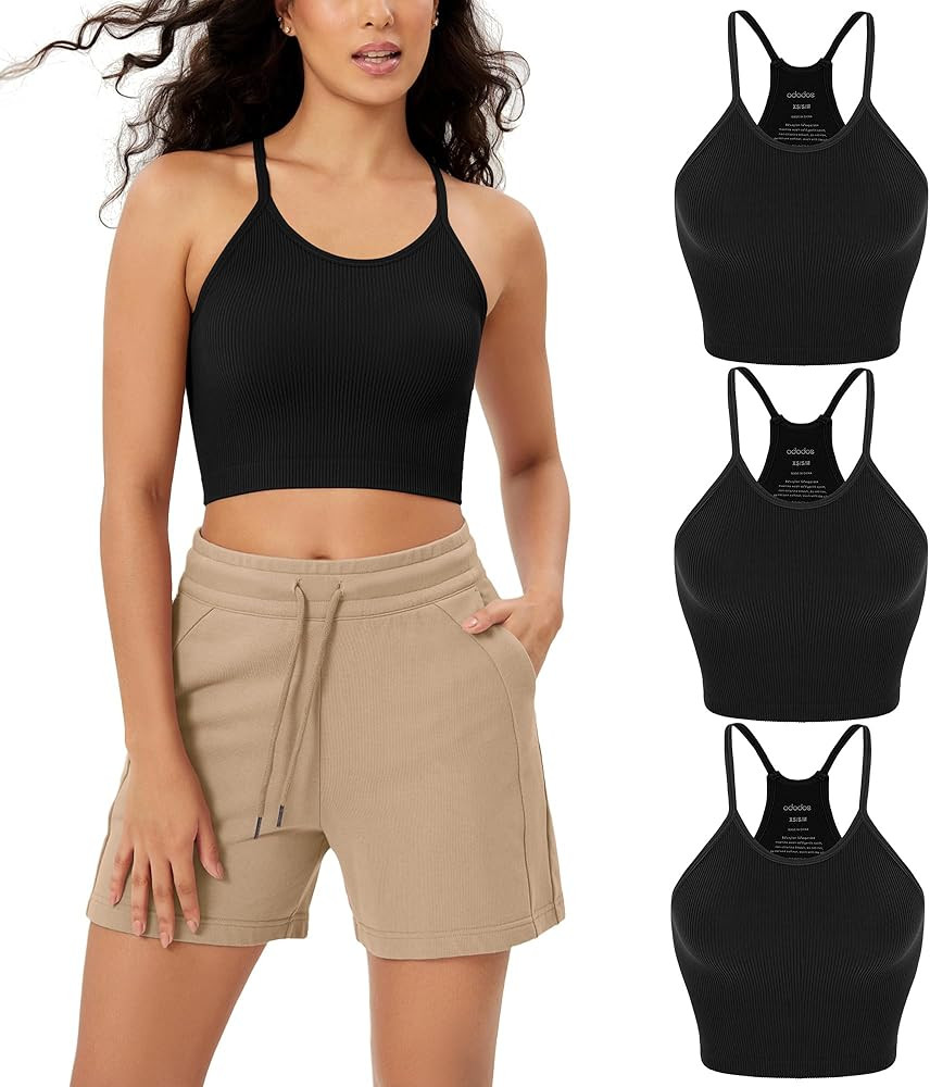 ODODOS Women's Crop 3-Pack Washed Seamless Rib-Knit Camisole Crop Tank Tops | Amazon (US)