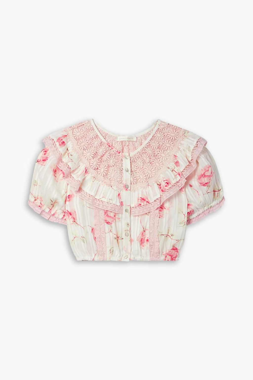 LOVESHACKFANCY Elania cropped guipure lace-trimmed floral-print cotton-voile top | Sale up to 70%... | The Outnet (UK and Europe)