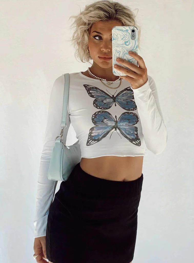 Butterfly Long Sleeve Top White | Princess Polly US