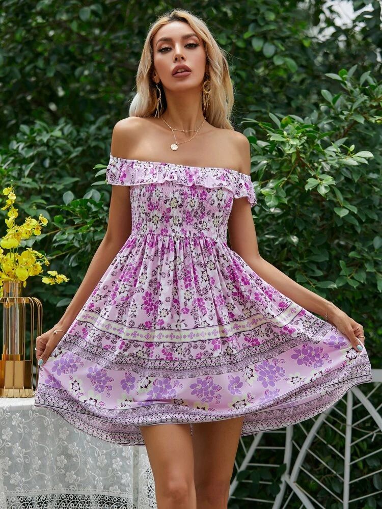 Floral Shirred Bardot Dress | SHEIN