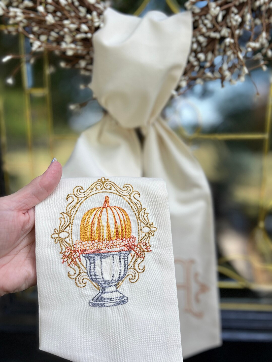 Fall Pumpkin Urn Wreath Sash With Monogram - Etsy | Etsy (US)