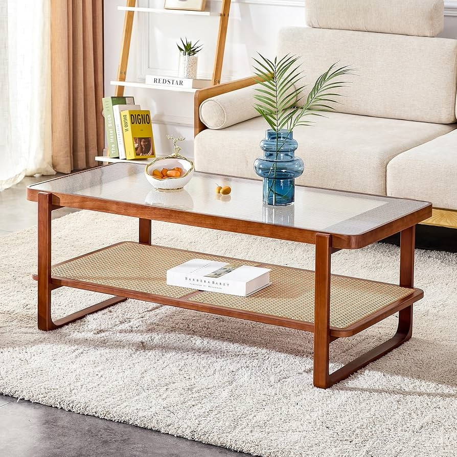 Mid Century Modern Coffee Table with Ribbed Glass Top and PE Rattan Storage Shelf, 45 Inch Rectan... | Amazon (US)