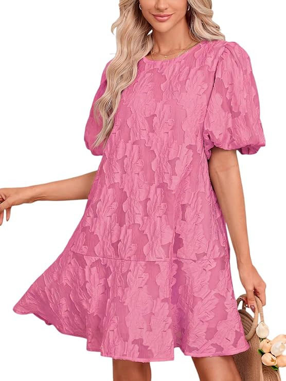Women's Floral Jacquard Summer Mini Dress Short Puff Sleeve A-Line Babydoll Ruffle Sundress | Amazon (US)