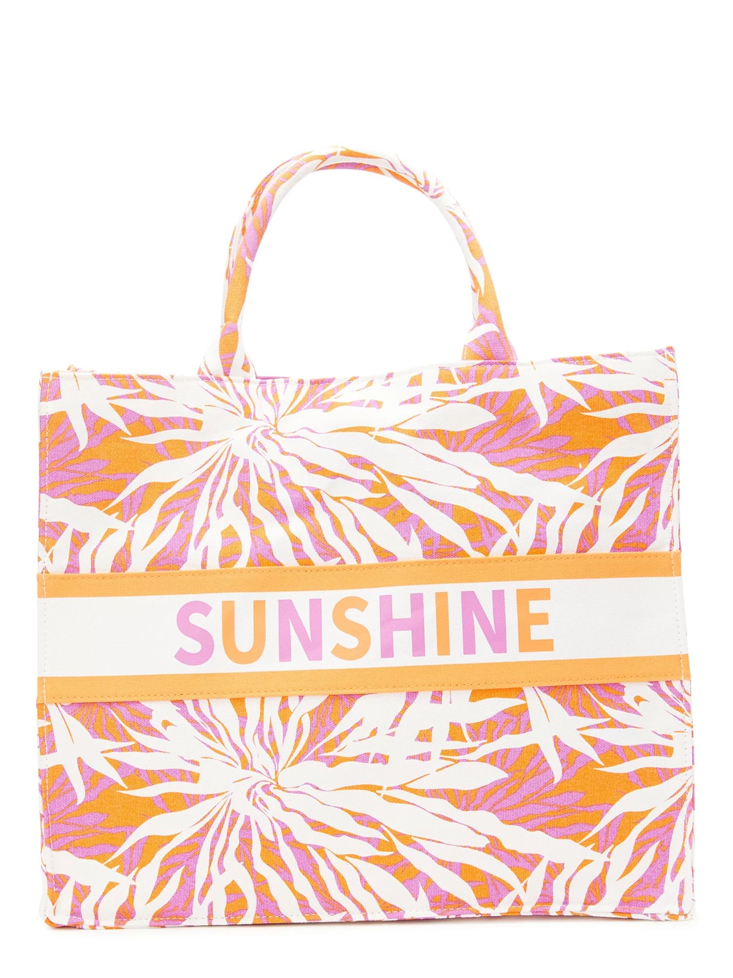 No Boundaries Women's Sunshine Canvas Print Beach Tote Handbag, Orange/Pink - Walmart.com | Walmart (US)