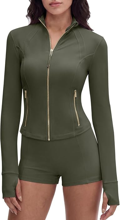 SUUKSESS Women Golden Zipper Lightweight Cropped Jackets with Thumb Holes | Amazon (US)