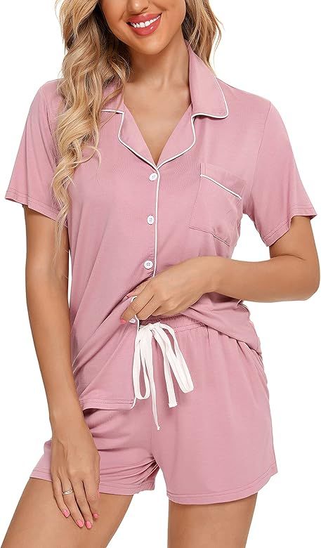 Senert Pajamas Set For Women Short Sleeve Sleepwear Soft Button Down Pjs Set Nightwear Lounge Set... | Amazon (US)