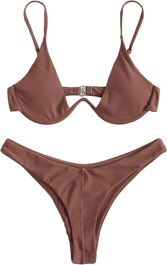 SheIn Women's Sexy Push Up Spaghetti Strap Underwire High Leg Swimsuits Bikini Set | Amazon (US)