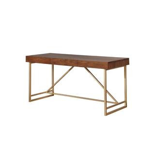 Modern Style 24 in. W Rectangular Walnut Brown and Gold Wooden Writing Desk with Unique Metal Leg... | The Home Depot