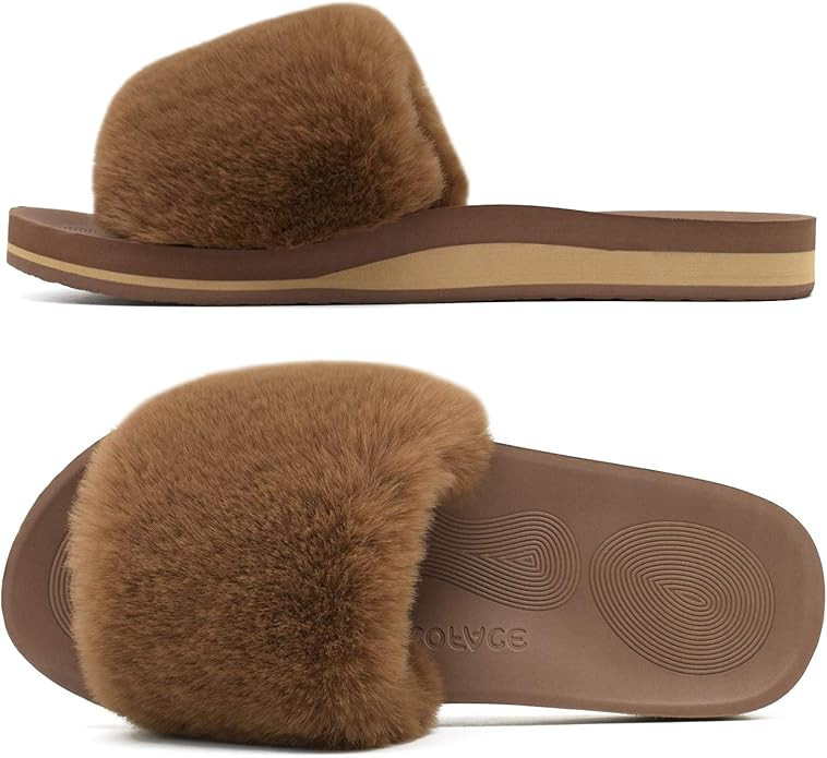 COFACE Womens Sliders Plush House Slippers Flat Sandals for Women Memory Foam Fuzzy Open Toe Slip... | Amazon (US)