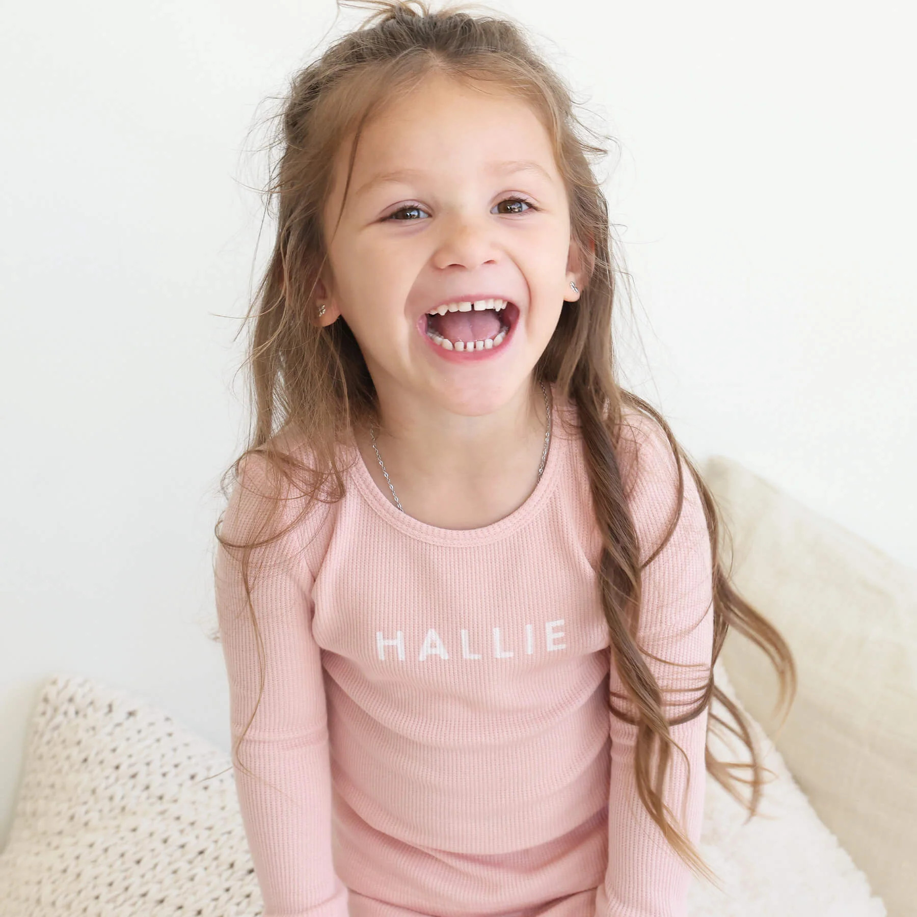 Lovely Pink Bamboo Waffle Personalized Two Piece Pajama Set | Caden Lane