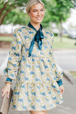 Never Too Late Teal Brocade Dress | The Mint Julep Boutique