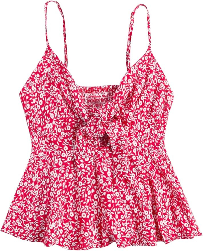 SheIn Women's Floral Smocked Peplum Crop Top Ruffle Boho Tie Front Sleeveless V Neck Shirred Cami | Amazon (US)