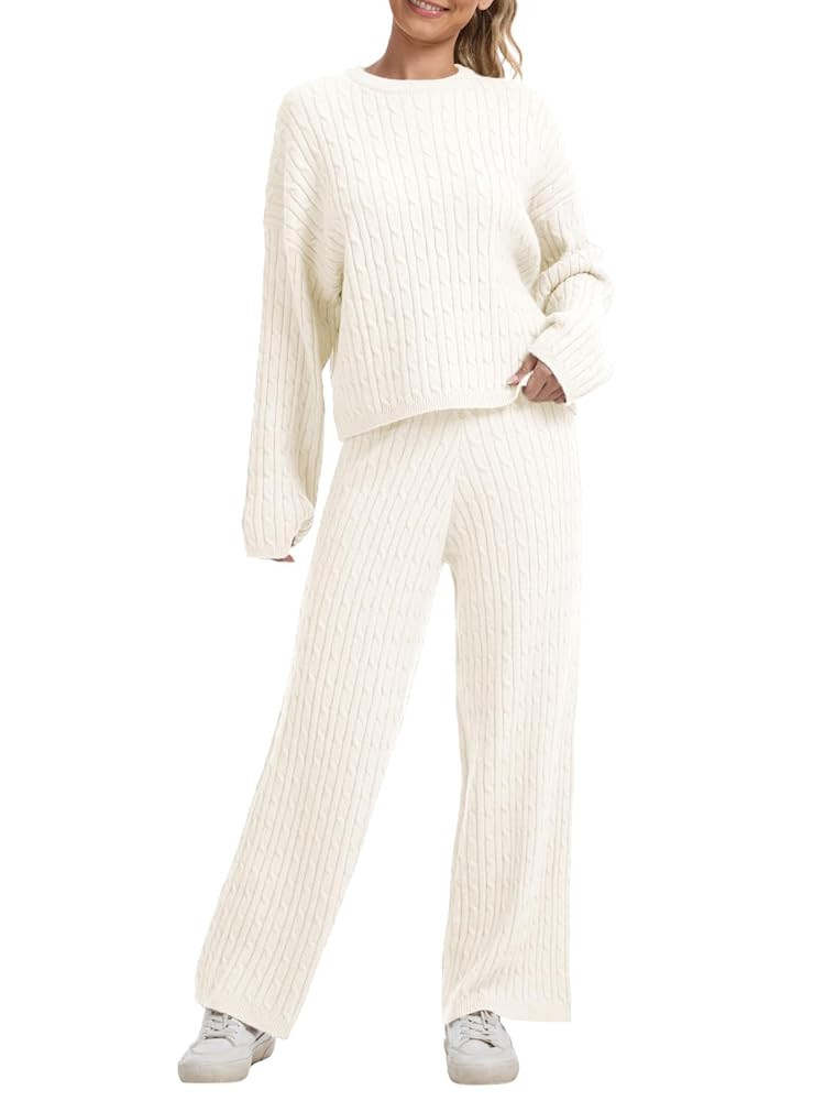 AnotherChill Women's Cable Knit Sweater Lounge Set – Long Sleeve Pullover Top with Wide Leg Pan... | Amazon (US)