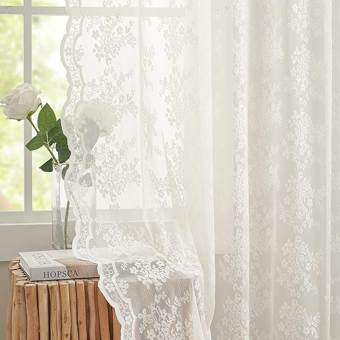 YJ YANJUN Vintage Lace Curtains 84 Inches Long-Romantic Flowers and Branch Sheer Lacy Curtains fo... | Amazon (US)