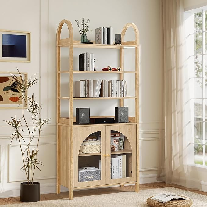 Arched Book Shelf with Doors, 71" Farmhouse Bookself with Storage Cabinet, Mid-Century Wood Displ... | Amazon (US)