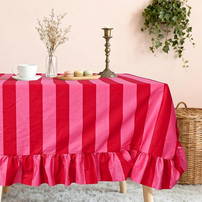 JarThenaAMCS Ruffle Tablecloth Table Cloth Boho Pink Red Striped Rectangle Decorative Table Cover... | Amazon (US)