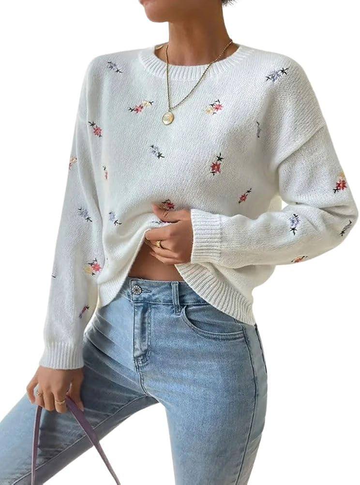 chouyatou Women's Ditsy Floral Embroidered Pullover Sweater Color Block Loose Fit Knit Jumper Top... | Amazon (US)