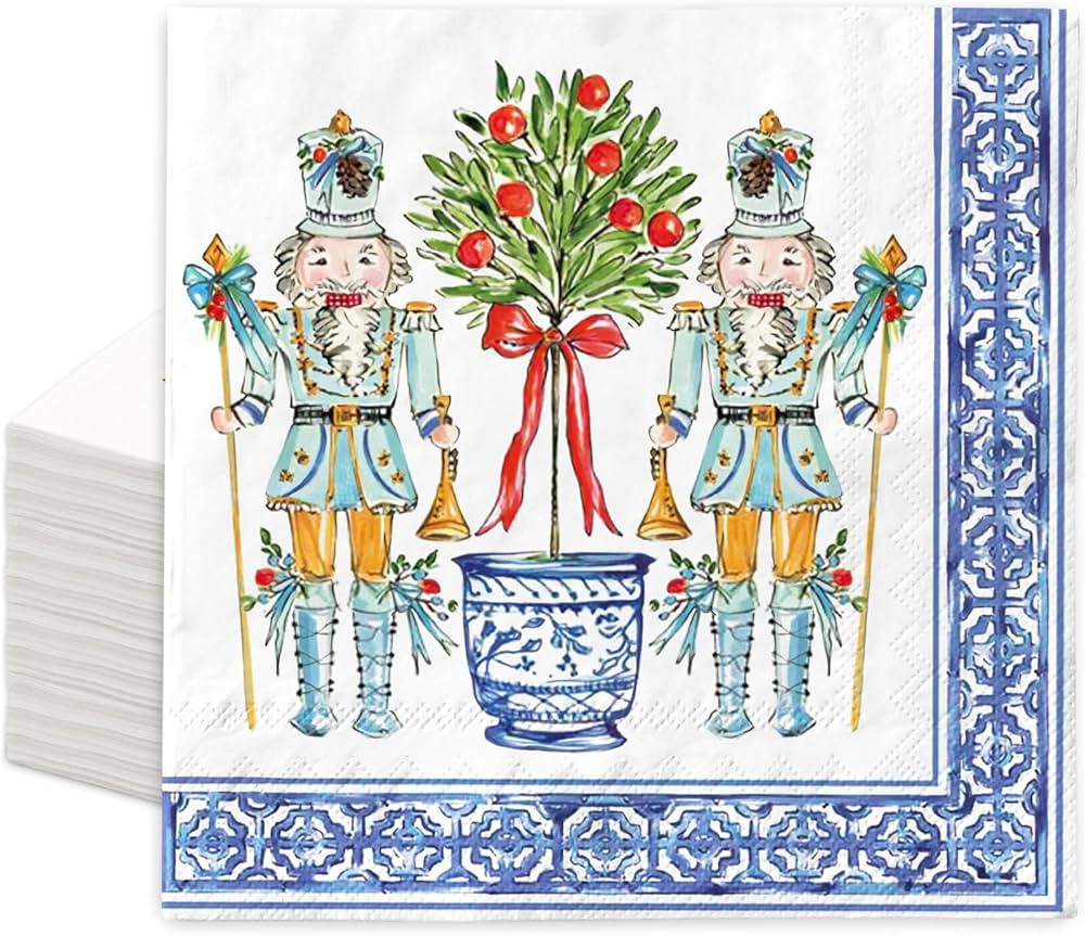 100Pcs Christmas Paper Napkin Nutcracker Topiary Disposable Lunch Napkin Blue And White Chinoiser... | Amazon (US)