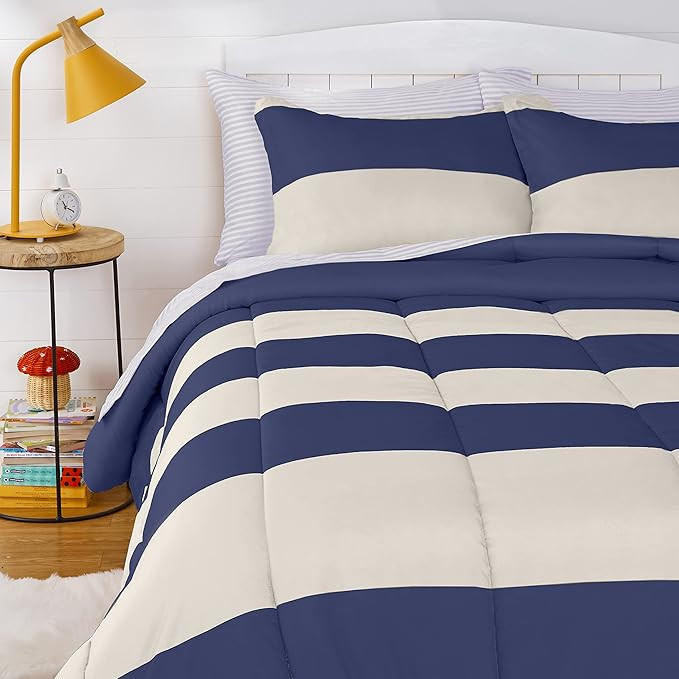 Amazon Basics Kids Easy-Wash Microfiber Bed-in-a-Bag Rugby Stripe Bedding Set - Full/Queen, Navy/... | Amazon (US)